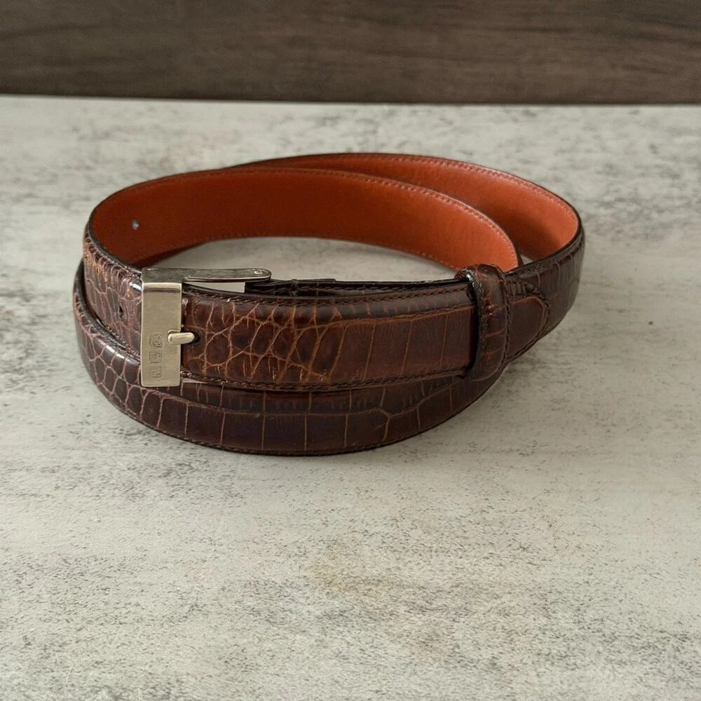 Vintage Ralph Lauren Brown Leather Embossed Crocodile Belt Silver Tone Buckle M